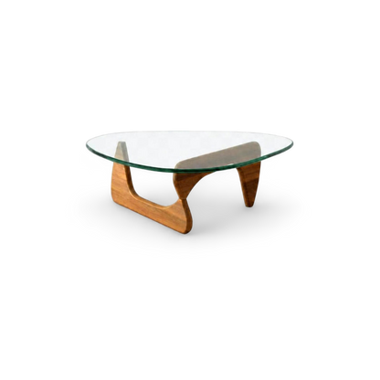 Triangular glass-top coffee table with an interlocking wood base