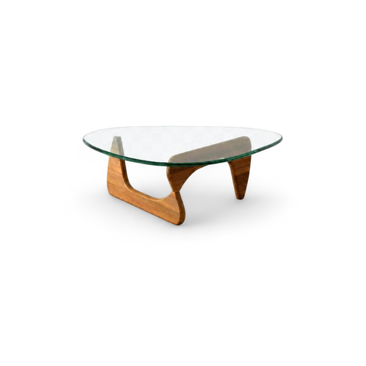 Triangular glass-top coffee table with an interlocking wood base