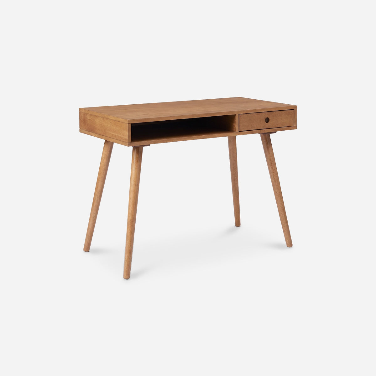 Compact home office desk in light walnut finish turned about 20 degrees, cubby end nearer