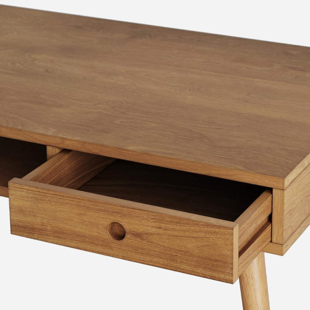 Drawer open to show the round finger pull, close up