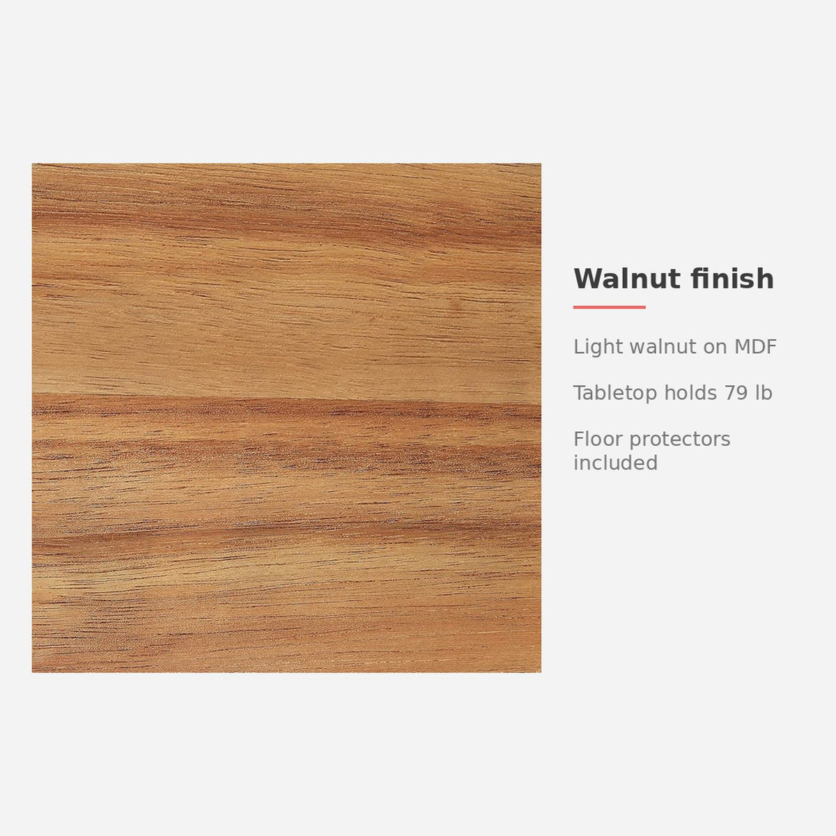 Spec card: light walnut finish on MDF