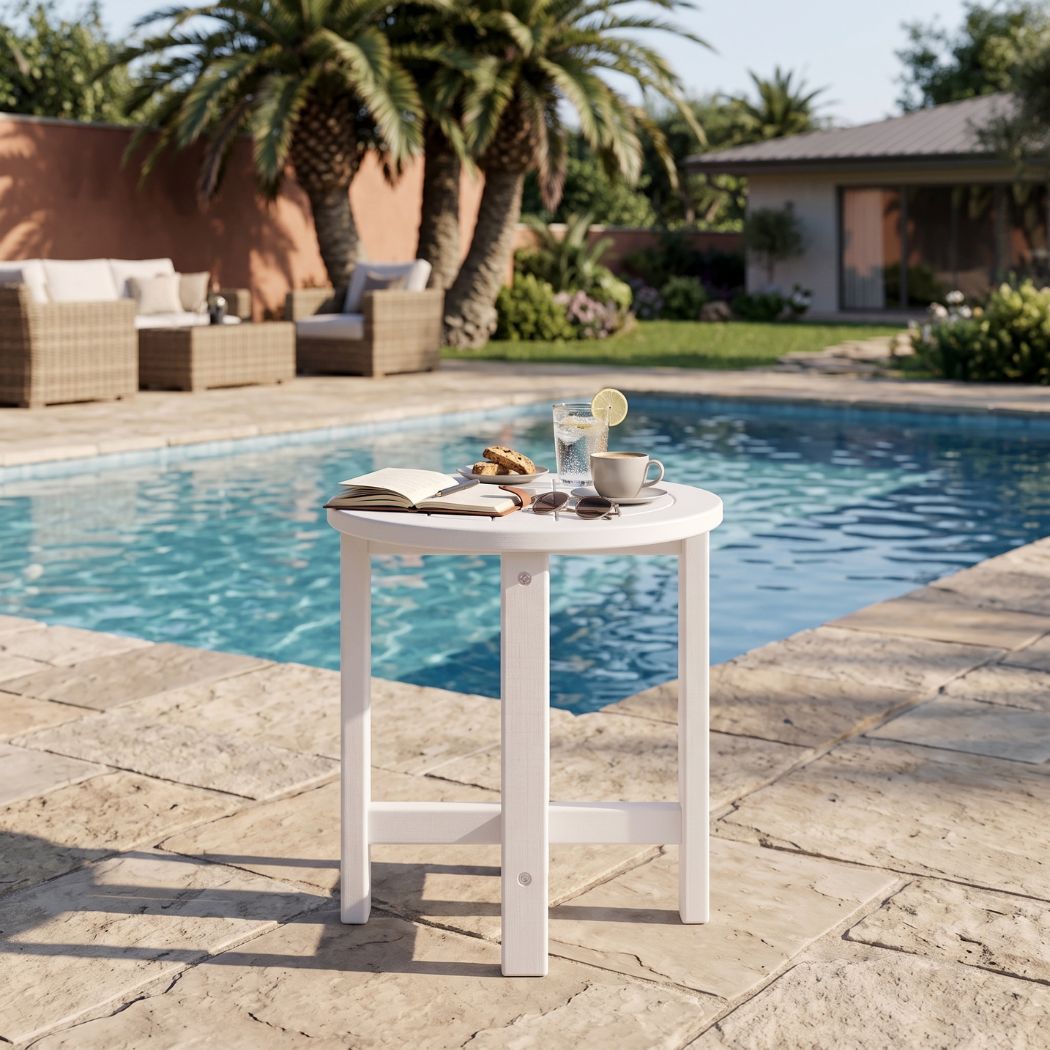 A small round white outdoor side table with legs stands on a stone patio beside a swimming pool. An open book, a cup of coffee, a drink with a lemon slice, and a small candle are arranged on the tabletop.