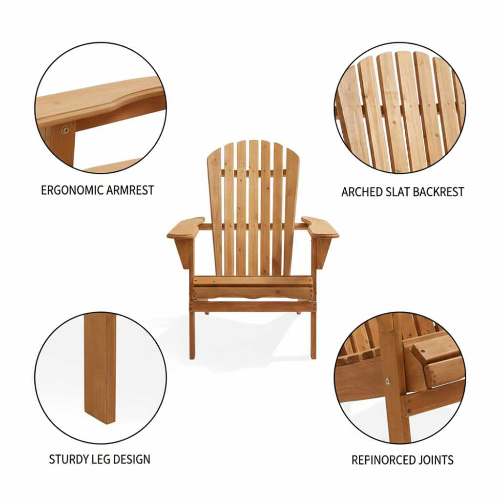 Premium solid hemlock wood folding Adirondack chair with an arched slat back and wide ergonomic armrests; features reinforced joints for maximum outdoor durability.