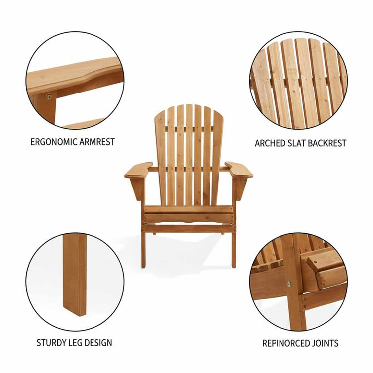 Premium solid hemlock wood folding Adirondack chair with an arched slat back and wide ergonomic armrests; features reinforced joints for maximum outdoor durability.
