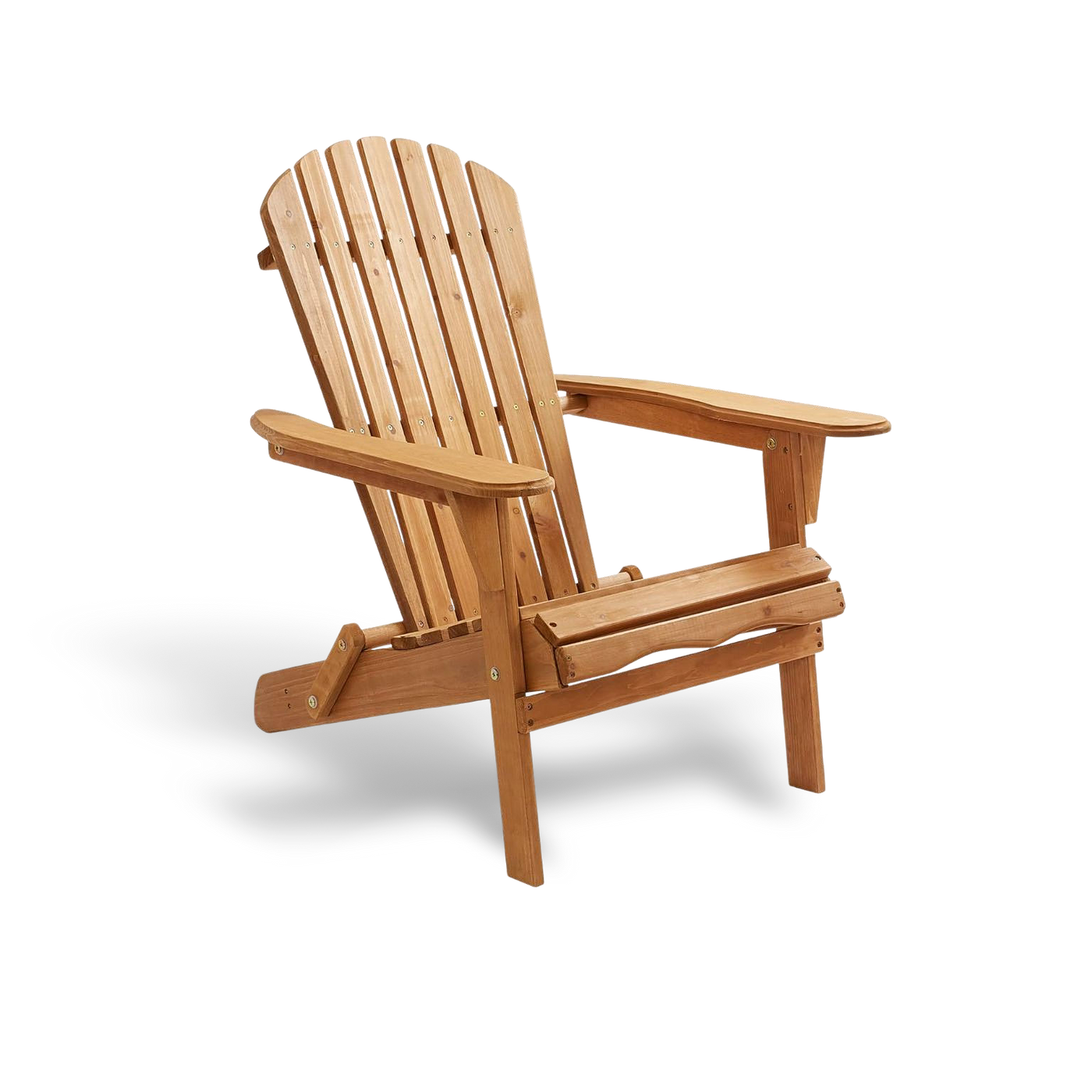 Natural solid hemlock wooden folding Adirondack chair; lightweight and weather-resistant portable outdoor seating for garden or deck.
