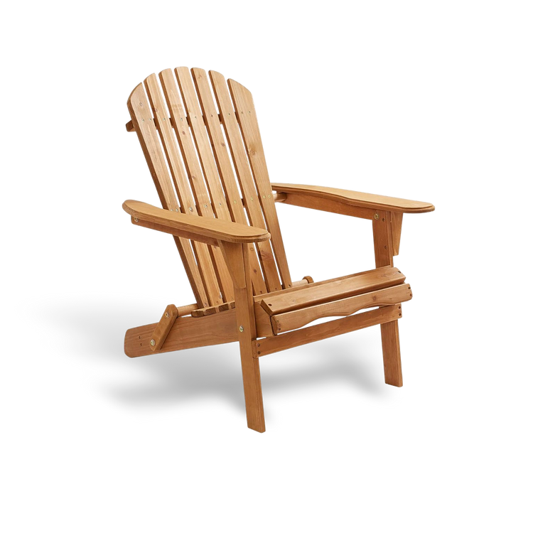 Natural solid hemlock wooden folding Adirondack chair; lightweight and weather-resistant portable outdoor seating for garden or deck.