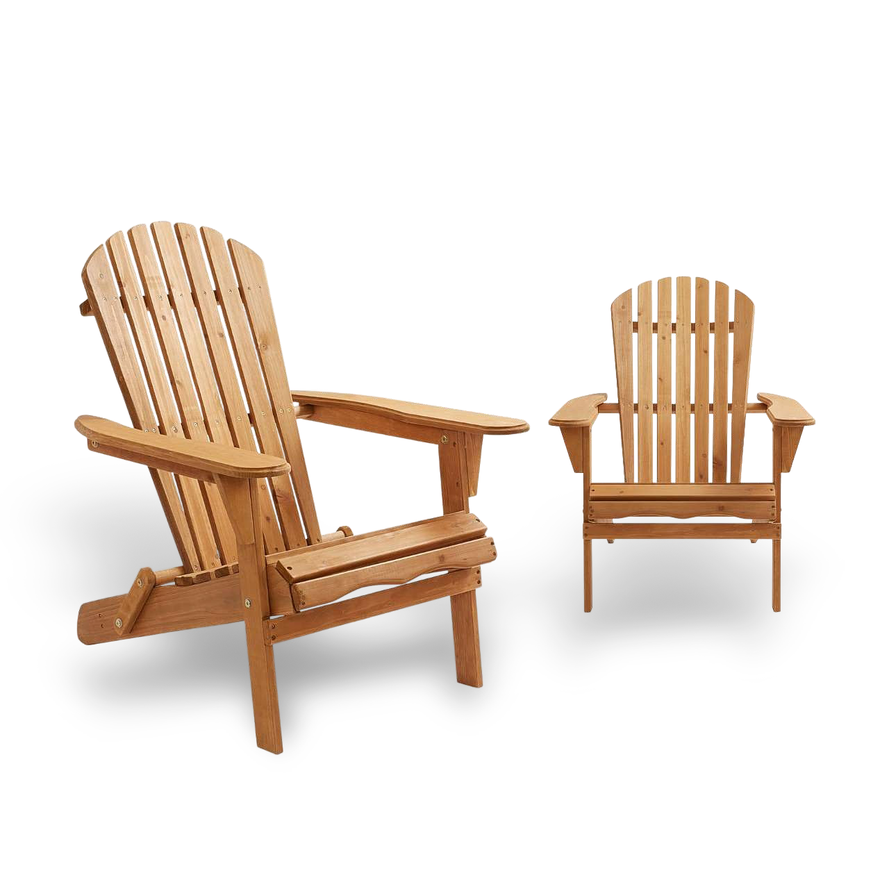 Two lightweight hemlock wooden folding Adirondack chairs for compact outdoor seating.