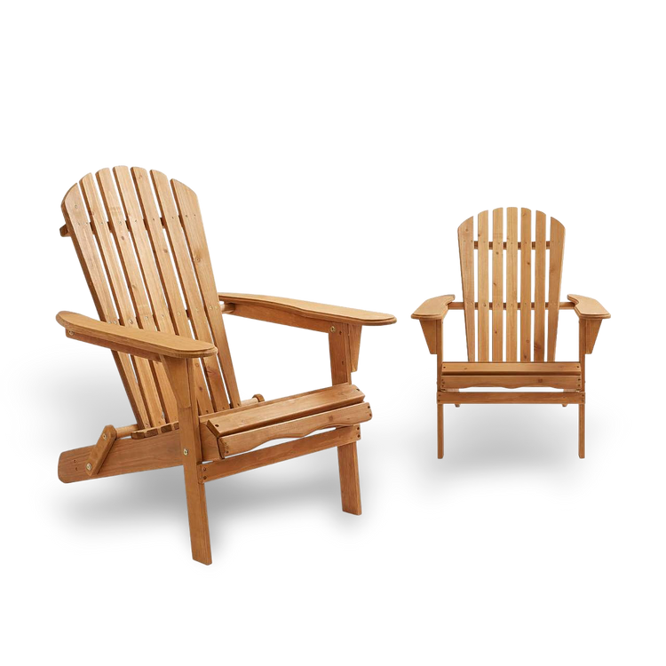 Two lightweight hemlock wooden folding Adirondack chairs for compact outdoor seating.