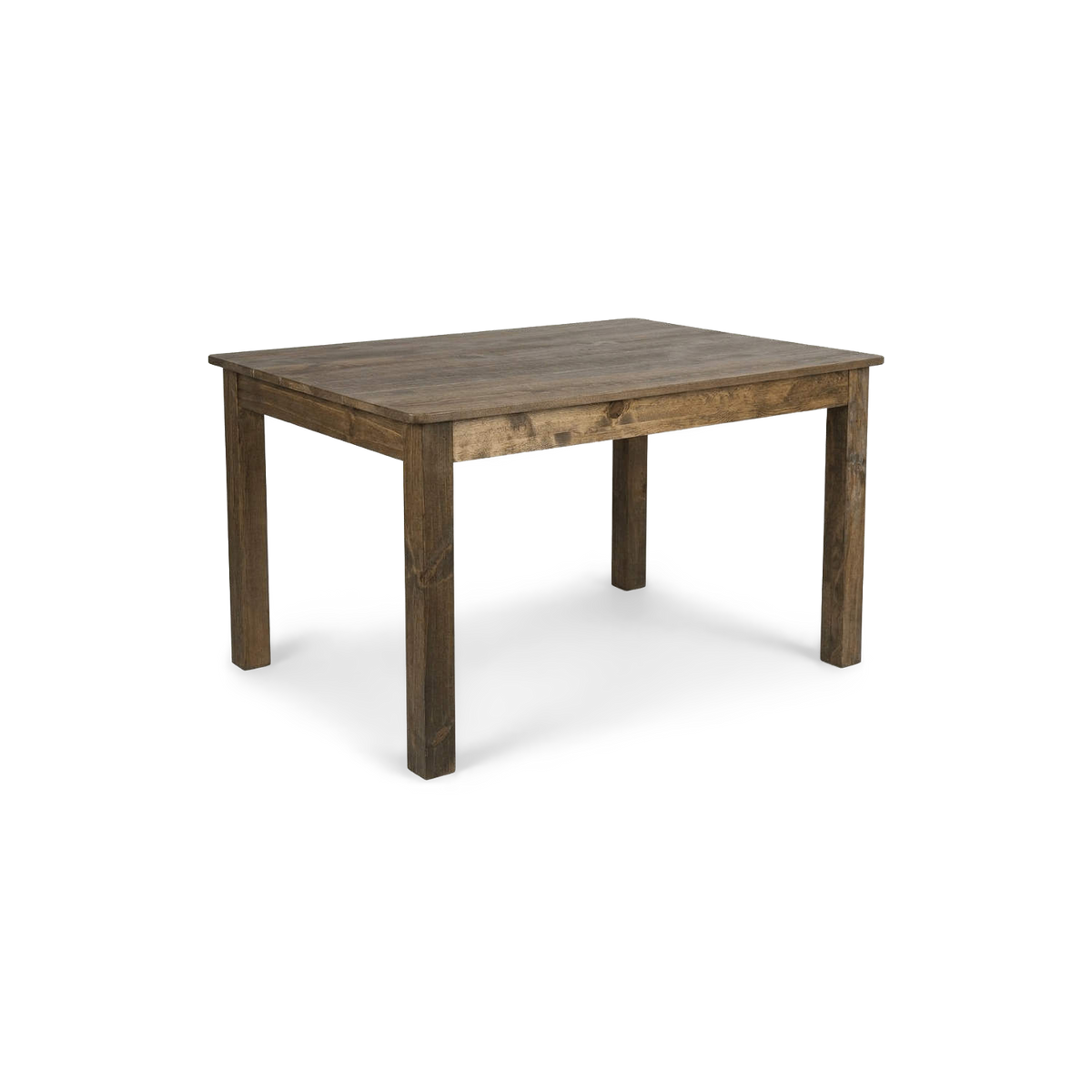 Solid pine farmhouse dining table, antique rustic finish, three-quarter angle (plain studio)