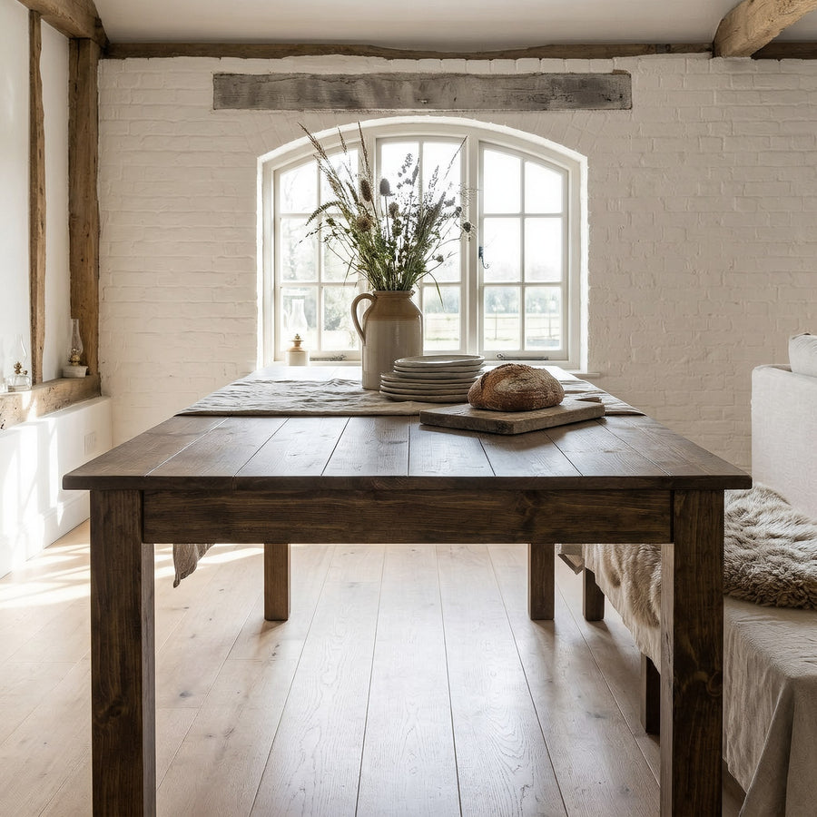 Solid Pine Farmhouse Dining Table, Antique Rustic Finish