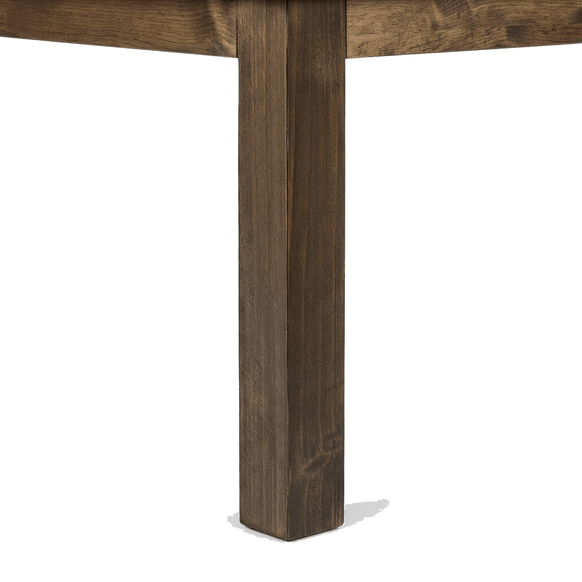 Square pine leg of the farmhouse dining table (close-up detail)