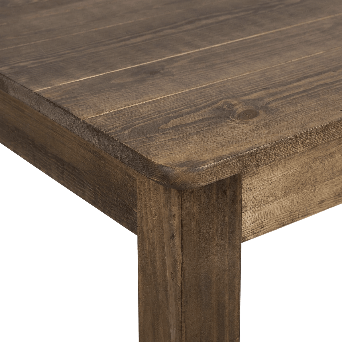 Plank top corner and square leg of the farmhouse dining table (close-up detail)