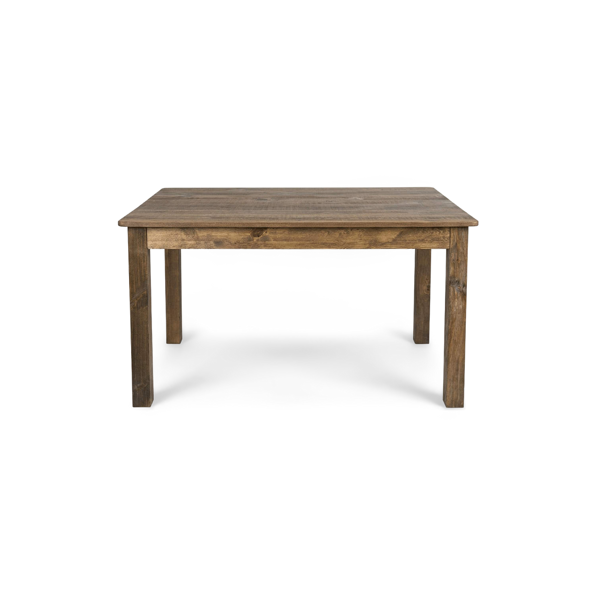 Solid pine farmhouse dining table in an antique rustic finish, front view (plain studio)