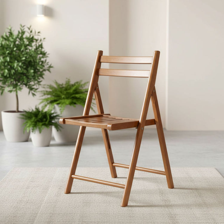 Premium solid teak folding chair with a slim profile; a space-saving and weather-resistant wooden chair for luxury patios or indoor dining.