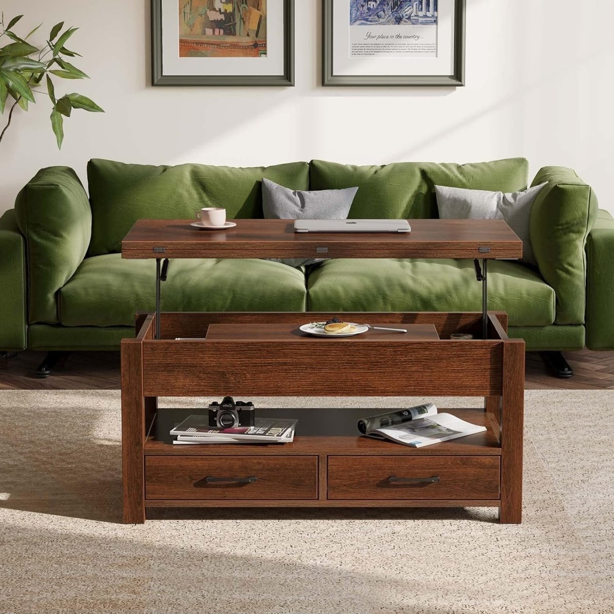 Solid Wood Lift Top Coffee Table With Split Lift-Top Design