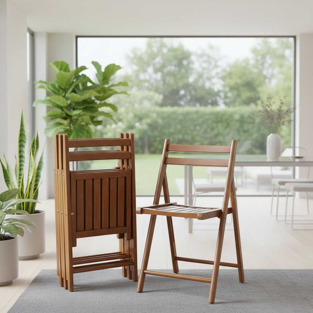 solid teak folding chairs with slim profile, space-saving foldable for indoor and outdoor use.
