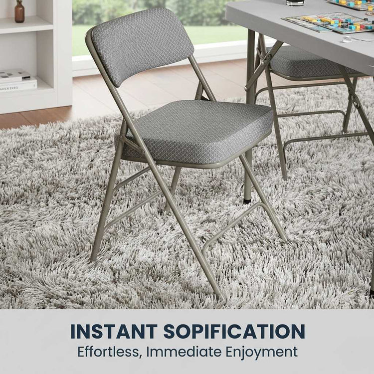 2-Pack Hercules Folding Chairs with Fabric Seats; cushioned, space-saving, quick-fold design for home or events.