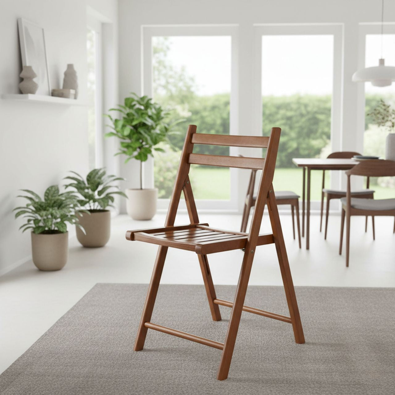 Space-saving foldable teak chair with an ultra-slim profile; designed for easy storage in small apartments, narrow balconies, and compact sunrooms.