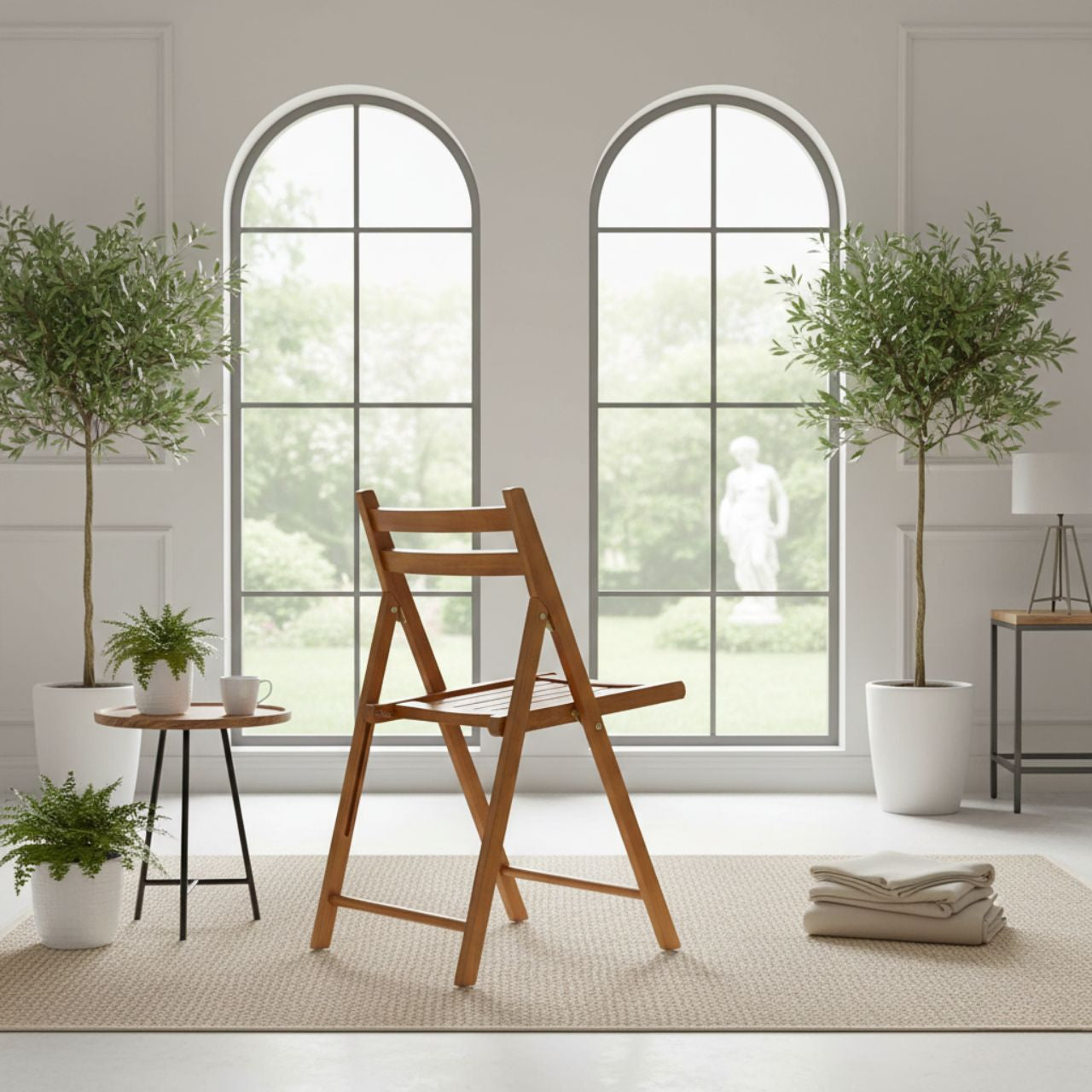 Teak folding chair set with slim, space-saving profile for indoor/outdoor use in a bright room with arched windows.