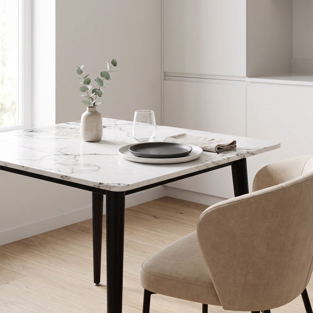 Square sintered stone dining table set for two in a bright kitchen dining nook (room)