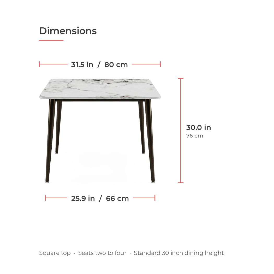 Square sintered stone dining table dimensions - 31.5 inch square top, 30 inch height, 25.9 inch leg spread (dimensions)