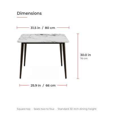 Square sintered stone dining table dimensions - 31.5 inch square top, 30 inch height, 25.9 inch leg spread (dimensions)