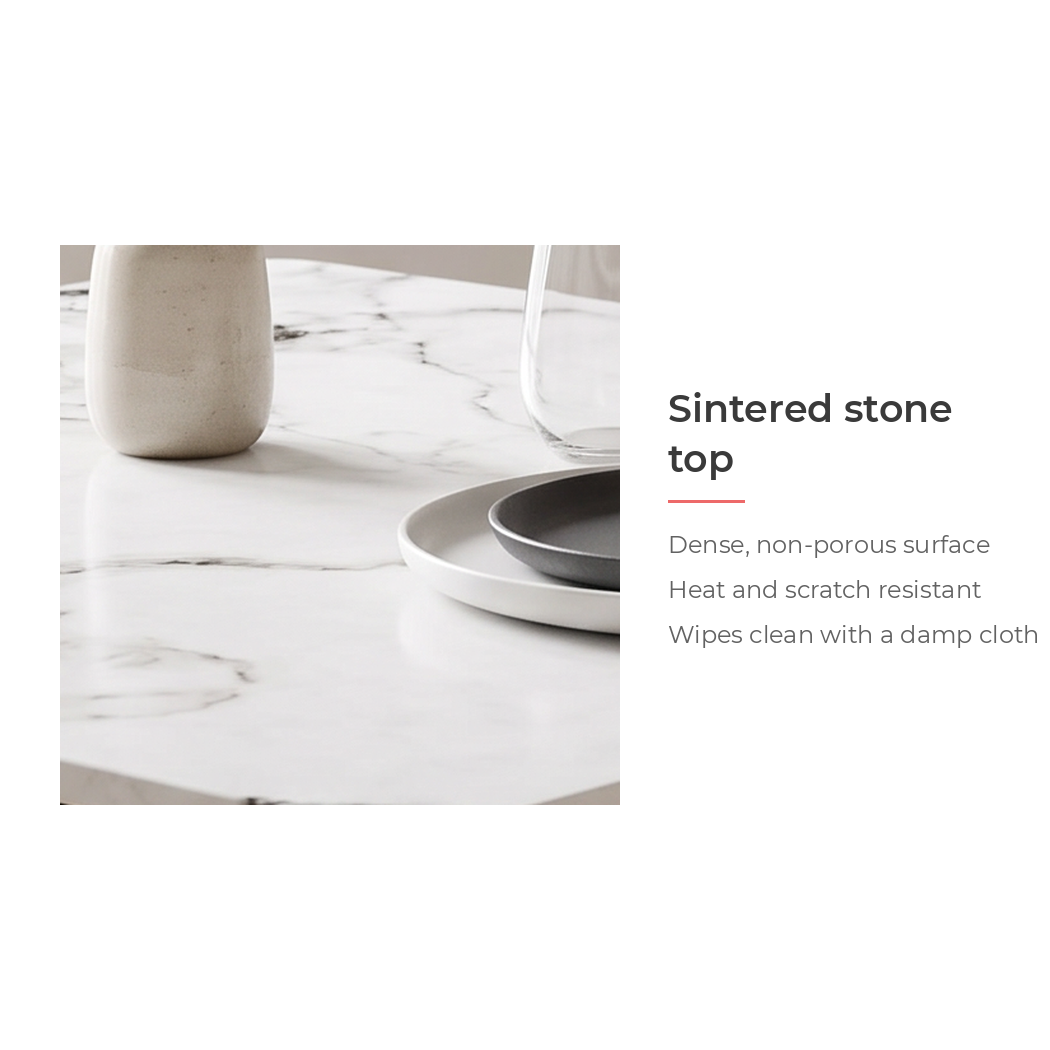 Sintered stone top - dense non-porous surface, heat and scratch resistant (feature callout)