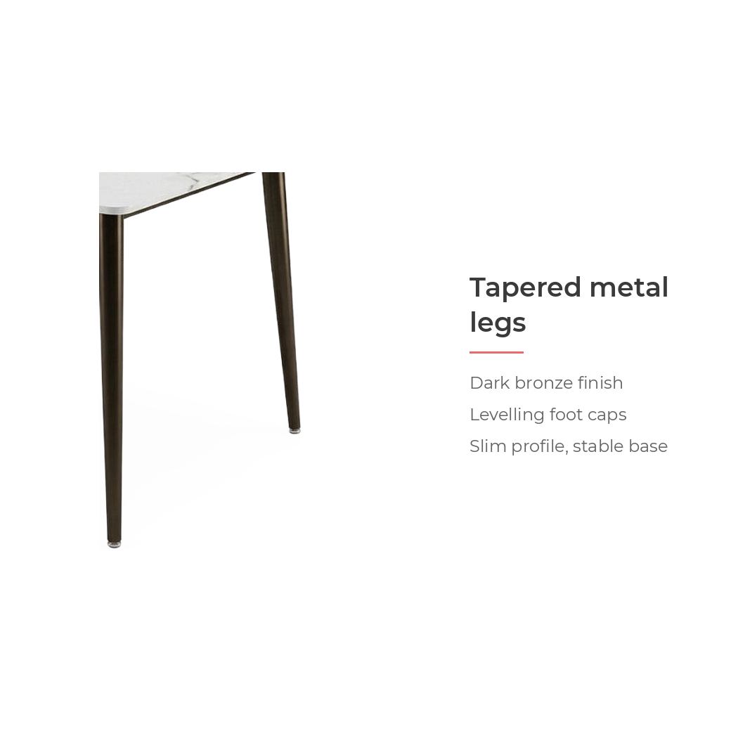 Tapered metal legs - dark bronze finish with levelling foot caps (feature callout)