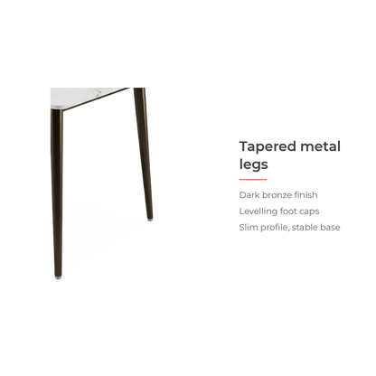 Tapered metal legs - dark bronze finish with levelling foot caps (feature callout)