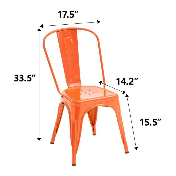 Vibrant rust metal dining chair, stackable for small spaces, industrial farmhouse style.