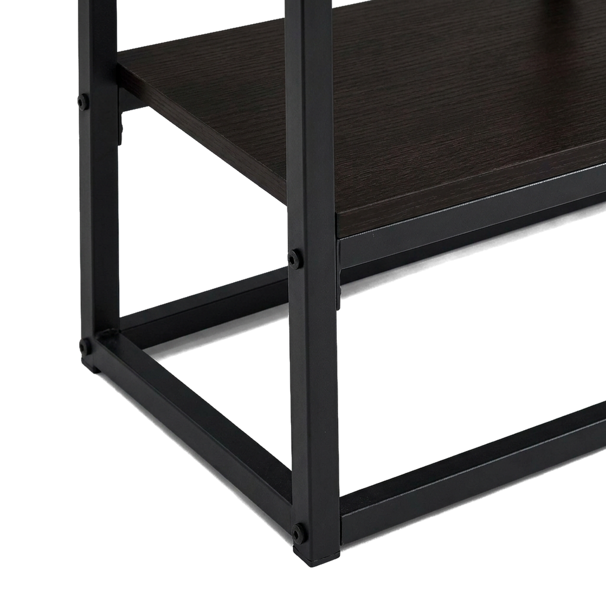 Close-up of the bolted black square-tube base corner and foot (illustrative detail)