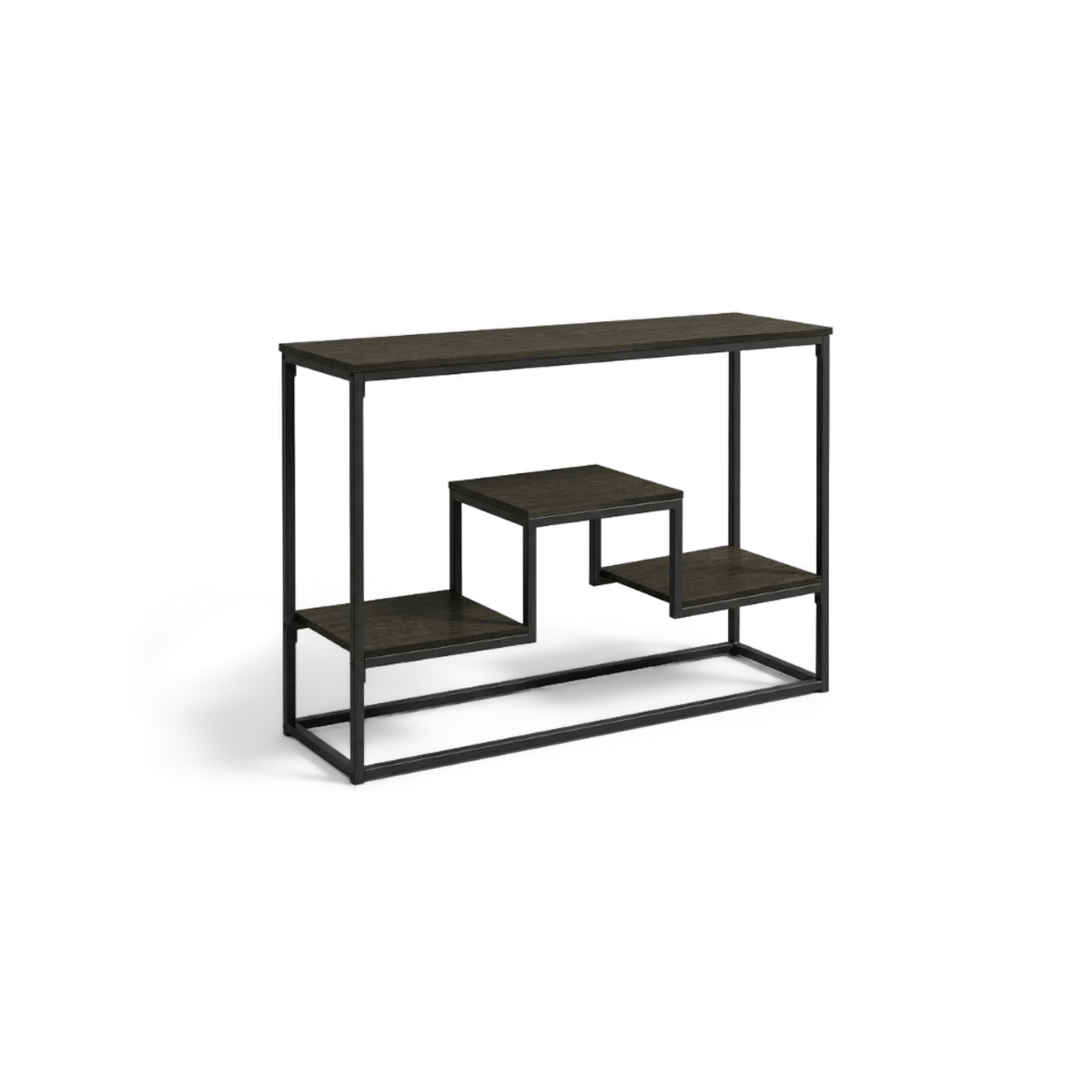 Espresso console table with raised centre step and two lower side shelves on a black metal frame, angled view