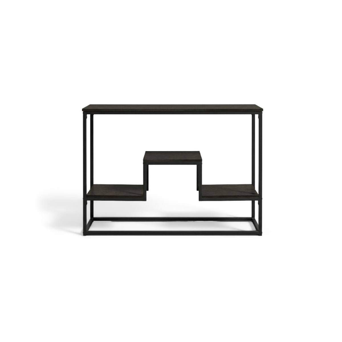 48 inch console table with stepped shelves, espresso wood-grain top and black metal frame, front view