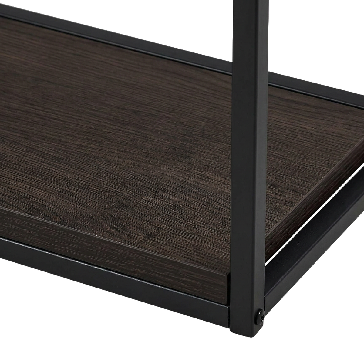 Close-up of the espresso lower side shelf bolted into the black steel upright (illustrative detail)