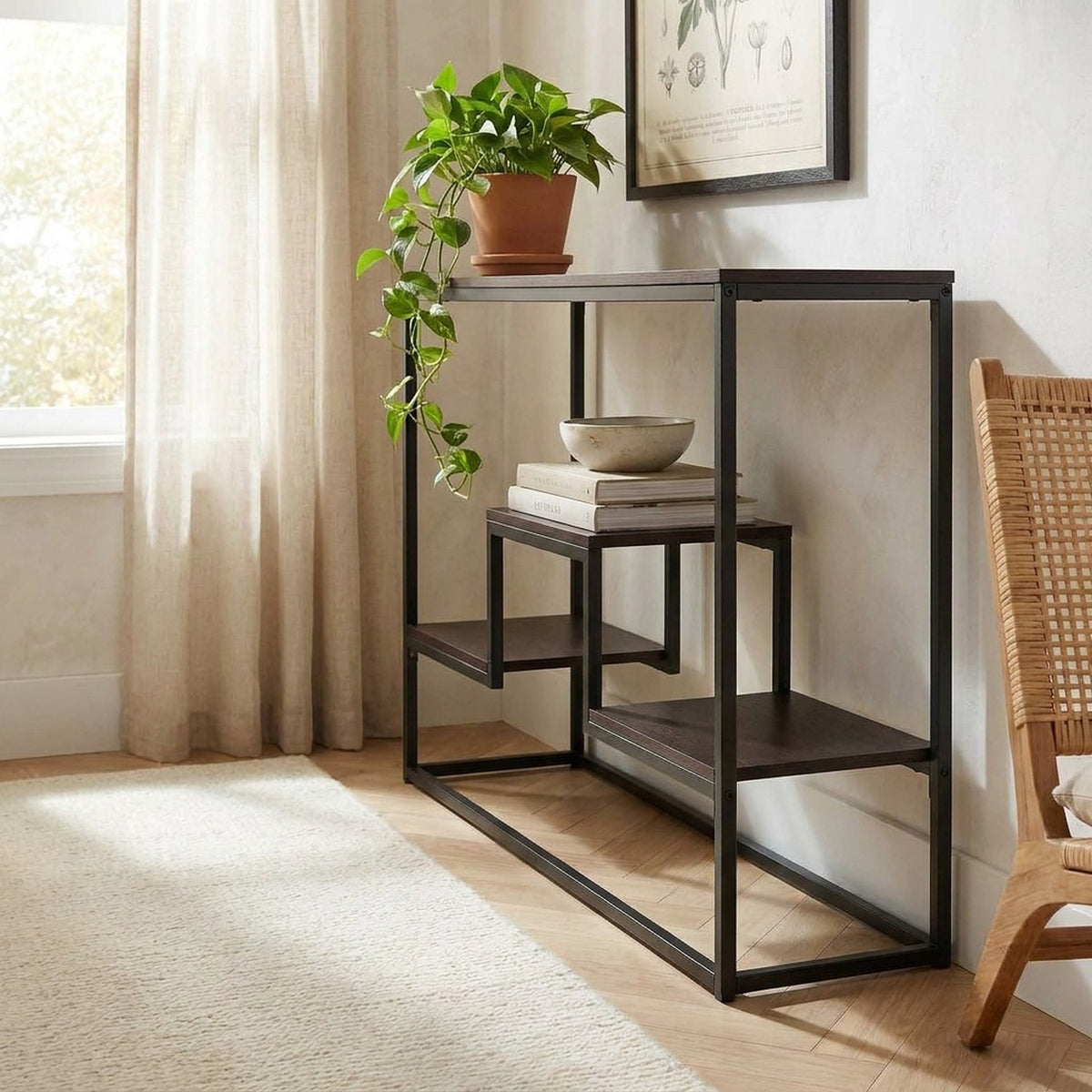 Closer view of the espresso stepped console table in the reading nook (illustrative room scene)