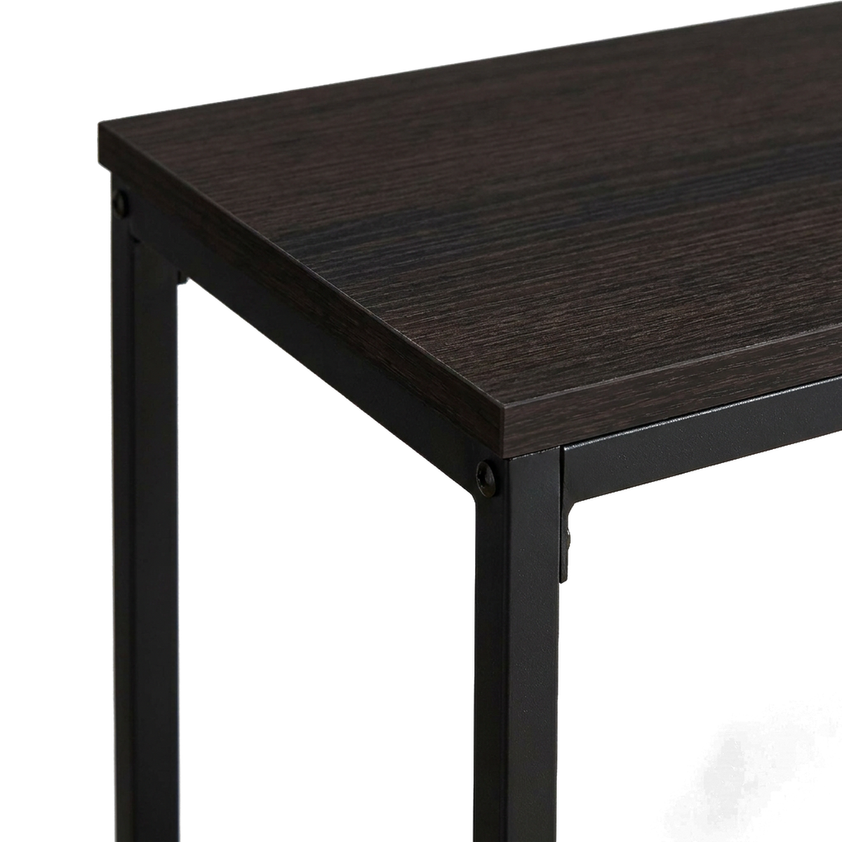 Close-up of the slim espresso wood-grain top meeting the black upright and screw (illustrative detail)