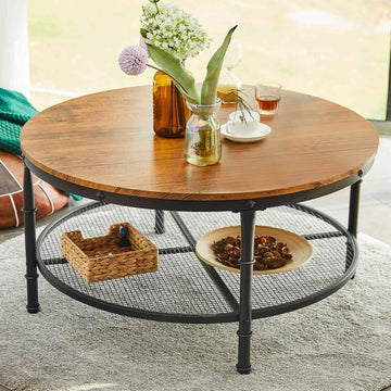 Sturdy_Antique_Round_Side_Table_Industrial_Wood_Steel_Coffee_Table_2-Tier