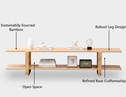 Sturdy eco-friendly bamboo TV stand for 65-inch screens featuring reinforced legs, a warm burlywood finish, and two-tier open storage.