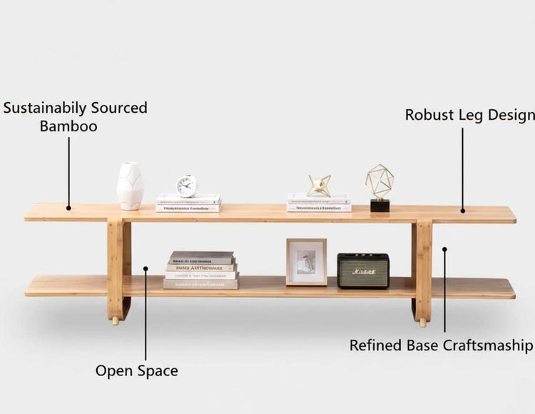 Sturdy eco-friendly bamboo TV stand for 65-inch screens featuring reinforced legs, a warm burlywood finish, and two-tier open storage.
