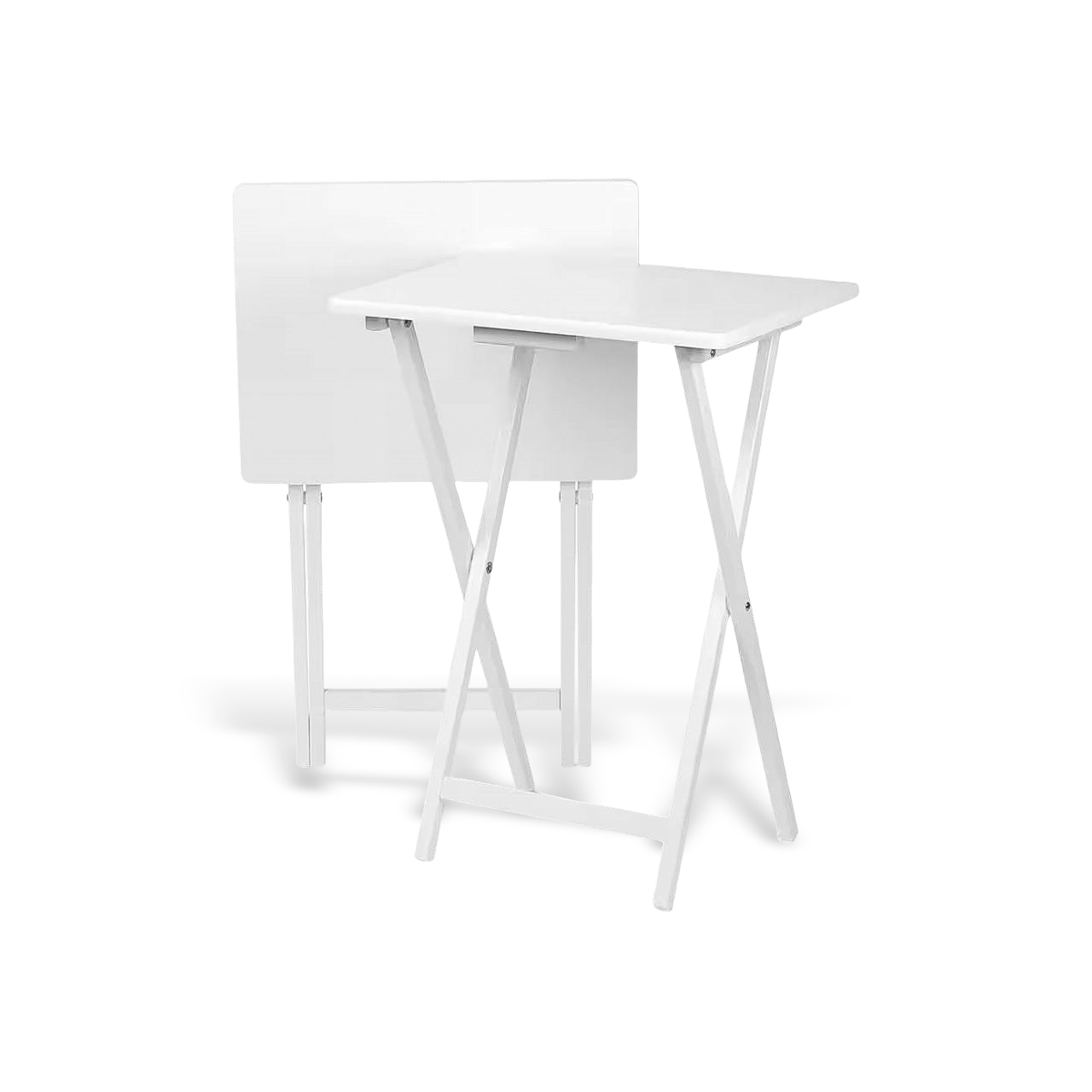 Set of two white folding TV tray tables with sturdy wood finish and X-frame legs
