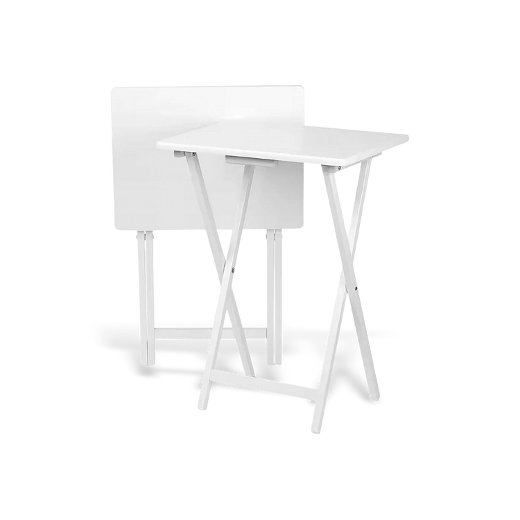 Set of two white folding TV tray tables with sturdy wood finish and X-frame legs