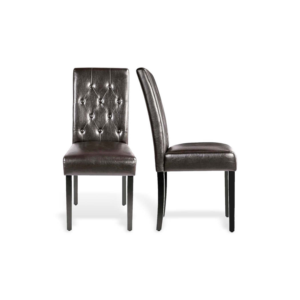 Tufted faux leather dining chair detail on a #f3f3f3 studio background