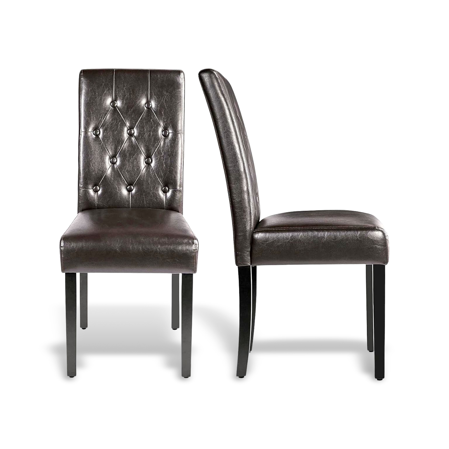 Two brown leather chairs with tufted backrest on a white background