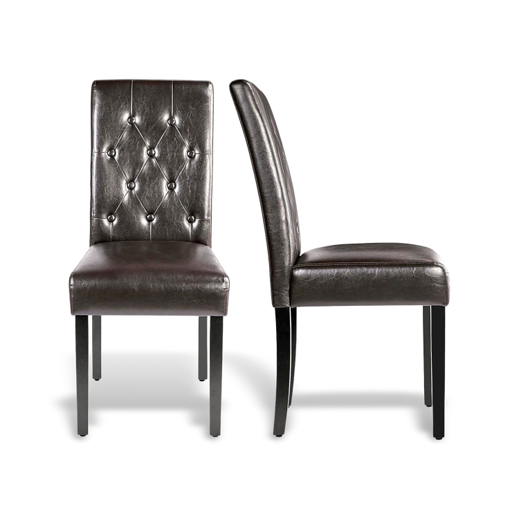 Two brown leather chairs with tufted backrest on a white background