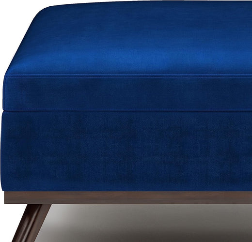 Navy Velvet Square Storage Ottoman Coffee Table Wood Legs
