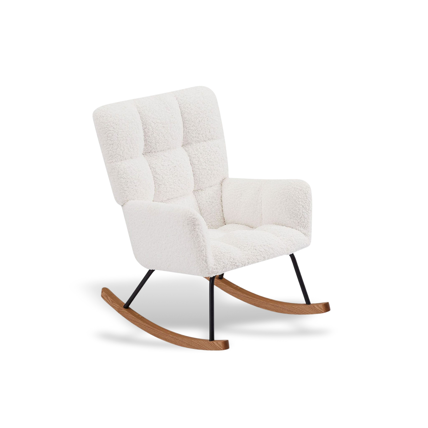 Stylish high-back rocking chair in textured white bouclé fabric; features a tall ergonomic backrest and smooth-gliding wooden rockers.