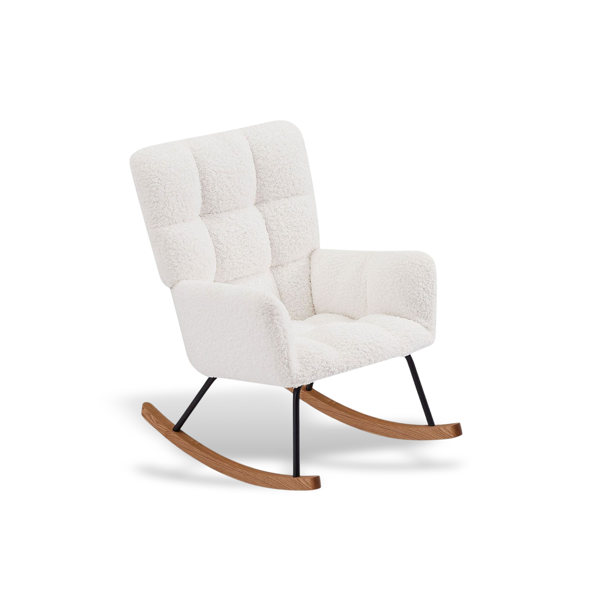 Stylish high-back rocking chair in textured white bouclé fabric; features a tall ergonomic backrest and smooth-gliding wooden rockers.