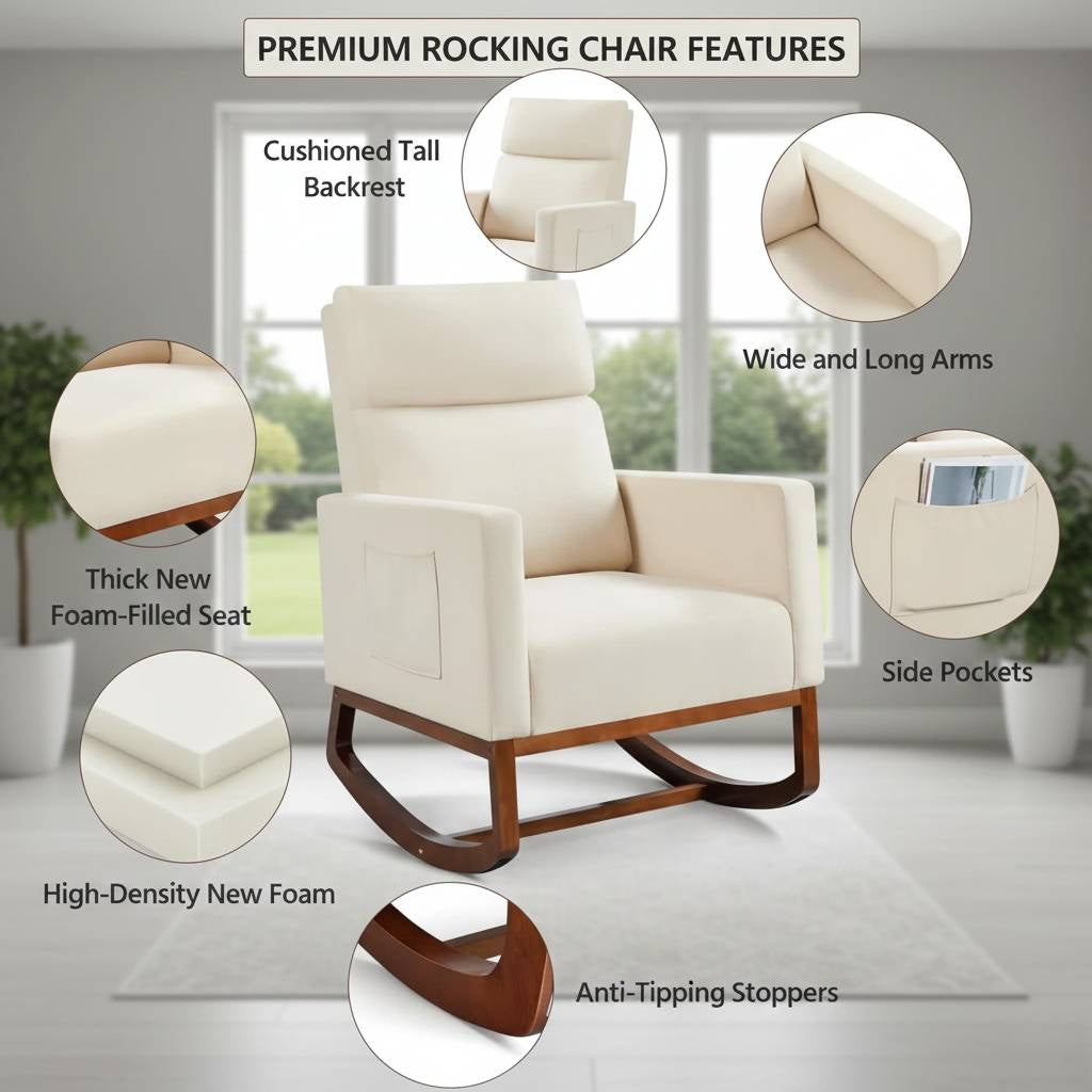 Adirondack Rocking Chair with Side Pocket, cushioned tall back, foam-filled seat, wide arms, anti-tip rocking base