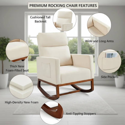 Adirondack Rocking Chair with Side Pocket, cushioned tall back, foam-filled seat, wide arms, anti-tip rocki (feature callout)