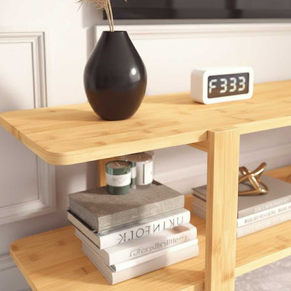 Eco bamboo media stand for 65-inch TVs with shelves and storage in a warm burlywood finish.